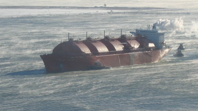 A liquefied natural gas tanker at sea